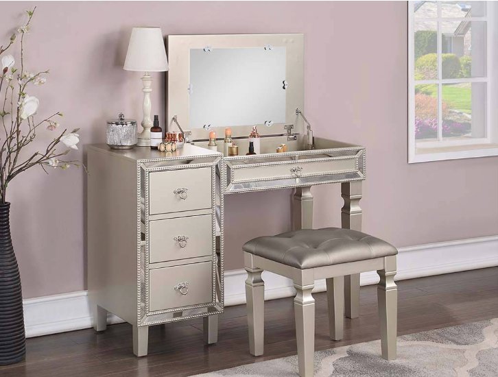 F4200 - Vanity Set + Stool with 3-Drawers in Silver - Poundex