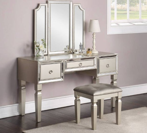 F4218 - Vanity Set + Stool with Tri-Fold Mirror in Silver - Poundex