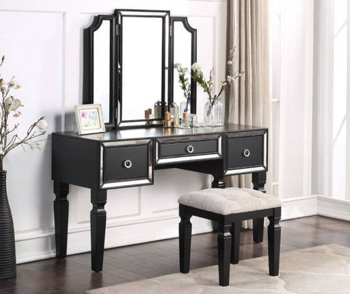 F4219 - Vanity Set + Stool with Tri-Foldable Mirror in Black - Poundex
