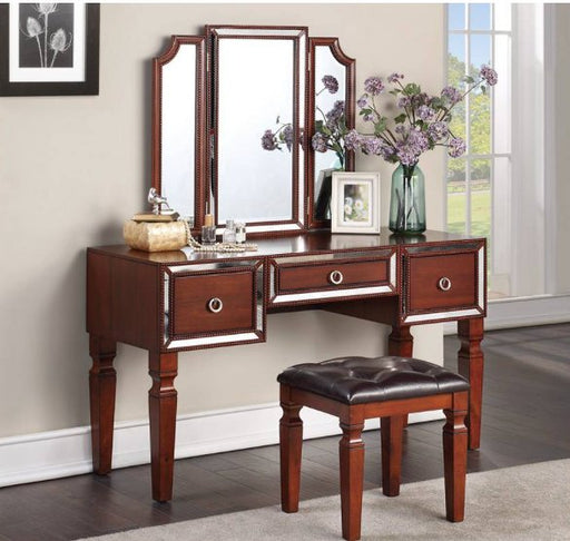 F4220 - Vanity Set + Stool with Tri-Foldable Mirror in Cherry - Poundex