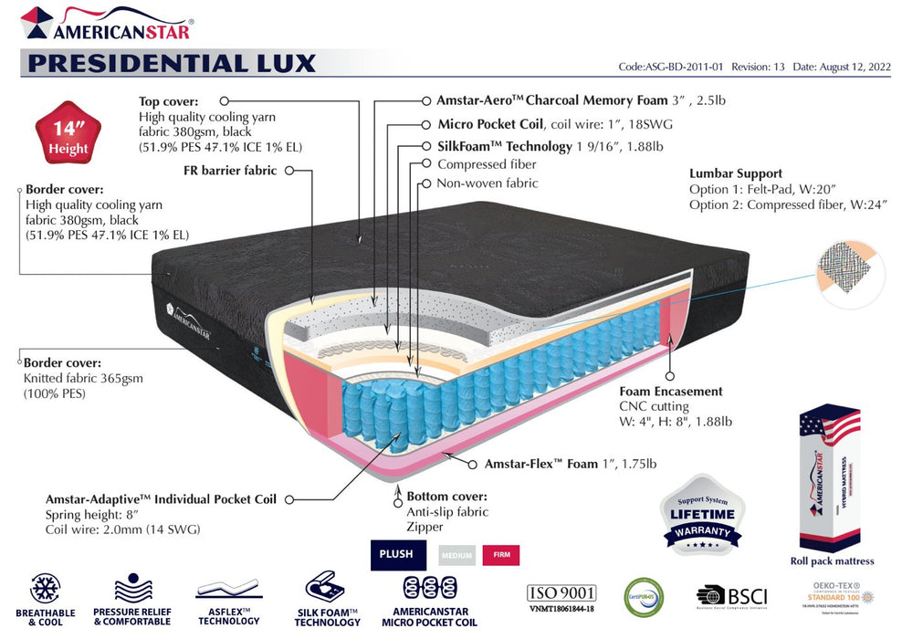Presidential Lux 14” Hybrid Memory Foam Plush Mattress - AmericanStar